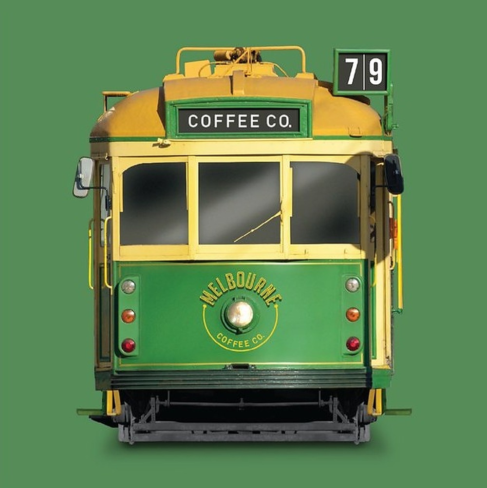 Melbourne Coffee Co. branded tram, front elevation — the idea in one image
